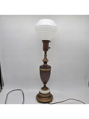 Mid Century Brass Marble Urn Torchiere Table Lamp Milk Glass Shade 25.5"
